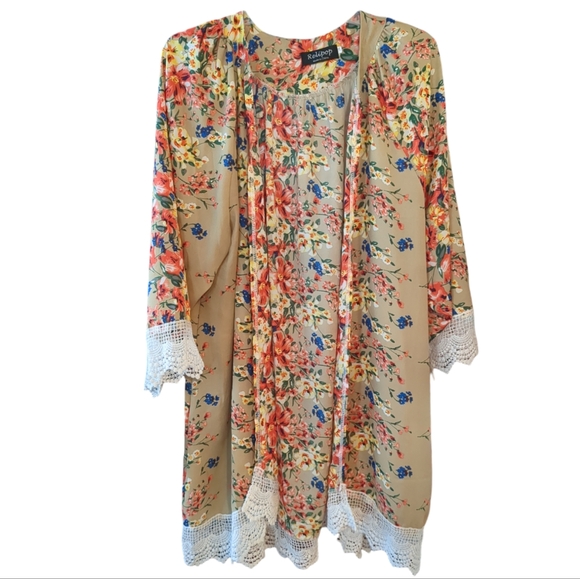 RELIPOP Tan Orange Yellow Pink Blue Floral Semi Sheer Cardigan with Crochet - Picture 2 of 8